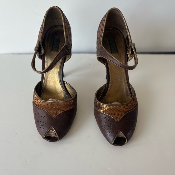 Prada Vintage Brown gold Sequin PeepToe Ankle strap Heels Sz 38 - Picture 2 of 9